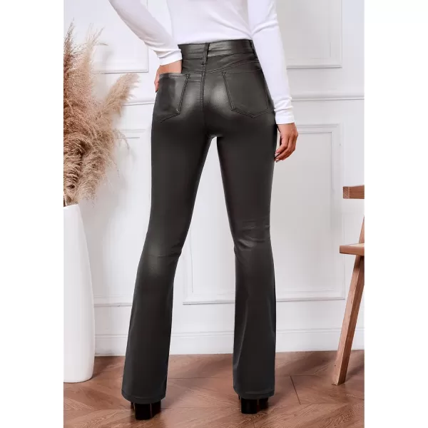 GRAPENT Flare Pants for Women High Wasited Stretchy Faux Leather Look Button Fly Jeans Trendy Bell Bottom TrousersEspresso