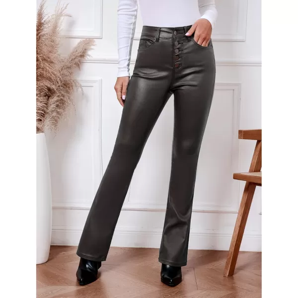 GRAPENT Flare Pants for Women High Wasited Stretchy Faux Leather Look Button Fly Jeans Trendy Bell Bottom TrousersEspresso