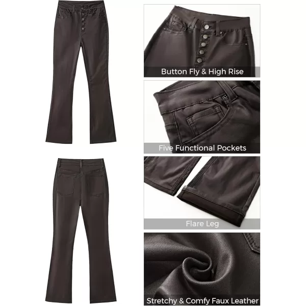 GRAPENT Flare Pants for Women High Wasited Stretchy Faux Leather Look Button Fly Jeans Trendy Bell Bottom TrousersEspresso