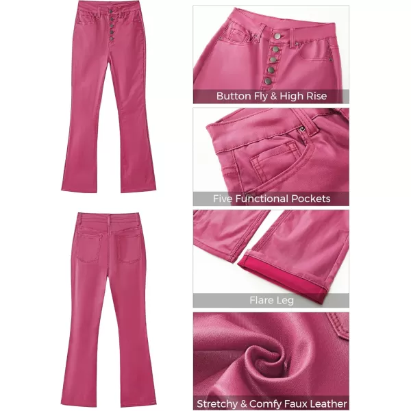GRAPENT Flare Pants for Women High Wasited Stretchy Faux Leather Look Button Fly Jeans Trendy Bell Bottom TrousersHot Pink