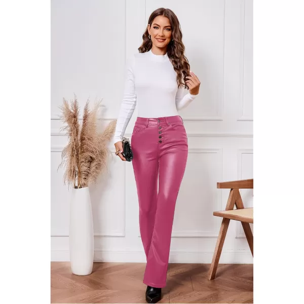 GRAPENT Flare Pants for Women High Wasited Stretchy Faux Leather Look Button Fly Jeans Trendy Bell Bottom TrousersHot Pink