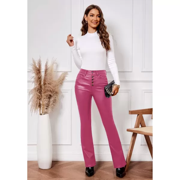 GRAPENT Flare Pants for Women High Wasited Stretchy Faux Leather Look Button Fly Jeans Trendy Bell Bottom TrousersHot Pink