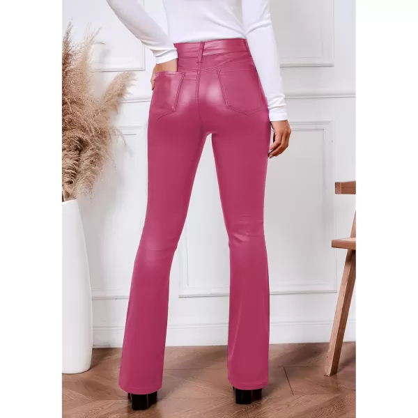 GRAPENT Flare Pants for Women High Wasited Stretchy Faux Leather Look Button Fly Jeans Trendy Bell Bottom TrousersHot Pink