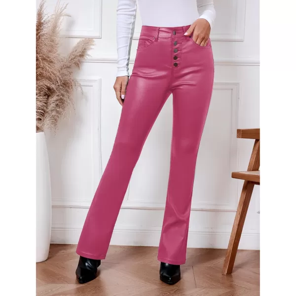 GRAPENT Flare Pants for Women High Wasited Stretchy Faux Leather Look Button Fly Jeans Trendy Bell Bottom TrousersHot Pink