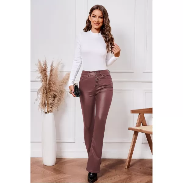 GRAPENT Flare Pants for Women High Wasited Stretchy Faux Leather Look Button Fly Jeans Trendy Bell Bottom TrousersWine Red