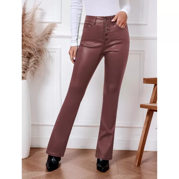 GRAPENT Flare Pants for Women High Wasited Stretchy Faux Leather Look Button Fly Jeans Trendy Bell Bottom TrousersWine Red