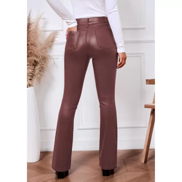 GRAPENT Flare Pants for Women High Wasited Stretchy Faux Leather Look Button Fly Jeans Trendy Bell Bottom TrousersWine Red