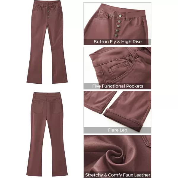 GRAPENT Flare Pants for Women High Wasited Stretchy Faux Leather Look Button Fly Jeans Trendy Bell Bottom TrousersWine Red