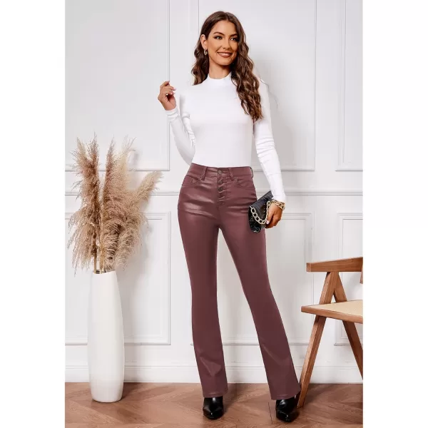 GRAPENT Flare Pants for Women High Wasited Stretchy Faux Leather Look Button Fly Jeans Trendy Bell Bottom TrousersWine Red