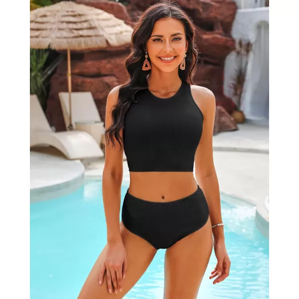 GRAPENT High Waisted Bikini Sets for Women Textured High Neck 2 Piece Swimsuits Racer Back Ribbed Bathing Suits SwimwearBlack