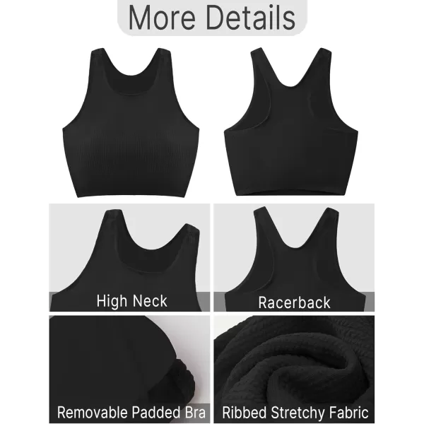 GRAPENT High Waisted Bikini Sets for Women Textured High Neck 2 Piece Swimsuits Racer Back Ribbed Bathing Suits SwimwearBlack
