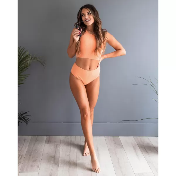 GRAPENT High Waisted Bikini Sets for Women Textured High Neck 2 Piece Swimsuits Racer Back Ribbed Bathing Suits SwimwearCantaloupe