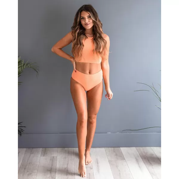 GRAPENT High Waisted Bikini Sets for Women Textured High Neck 2 Piece Swimsuits Racer Back Ribbed Bathing Suits SwimwearCantaloupe