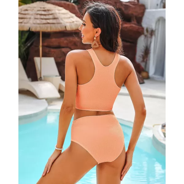 GRAPENT High Waisted Bikini Sets for Women Textured High Neck 2 Piece Swimsuits Racer Back Ribbed Bathing Suits SwimwearCantaloupe