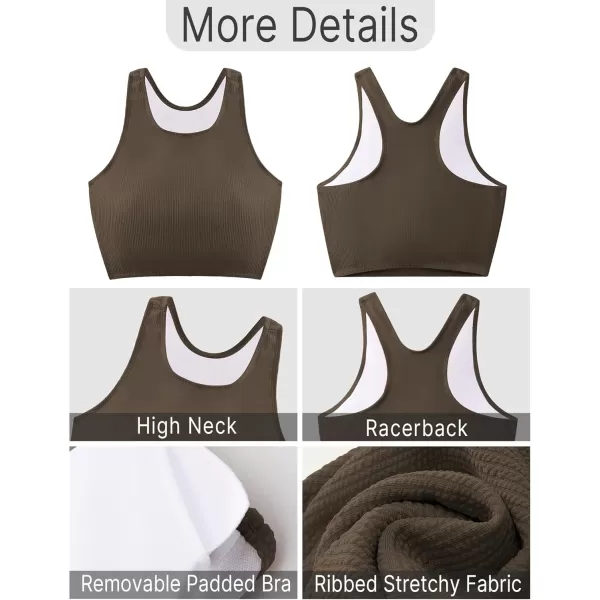 GRAPENT High Waisted Bikini Sets for Women Textured High Neck 2 Piece Swimsuits Racer Back Ribbed Bathing Suits SwimwearCoffee Brown