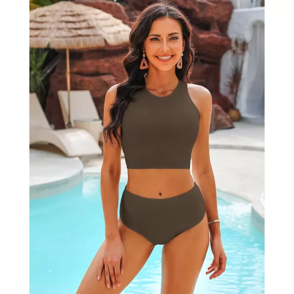 GRAPENT High Waisted Bikini Sets for Women Textured High Neck 2 Piece Swimsuits Racer Back Ribbed Bathing Suits SwimwearCoffee Brown