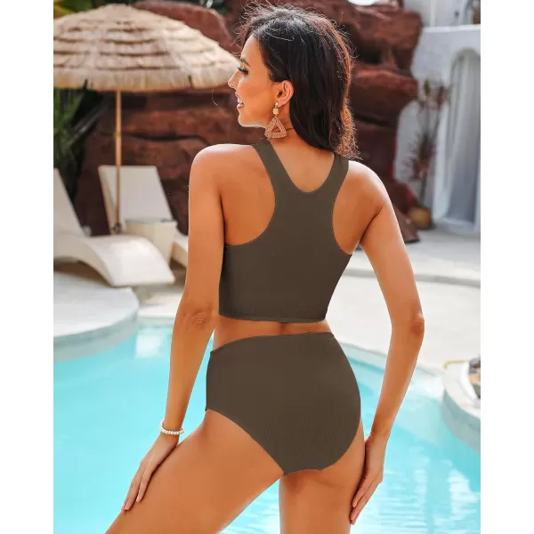 GRAPENT High Waisted Bikini Sets for Women Textured High Neck 2 Piece Swimsuits Racer Back Ribbed Bathing Suits SwimwearCoffee Brown
