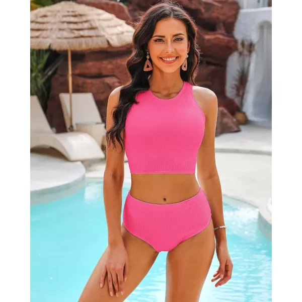 GRAPENT High Waisted Bikini Sets for Women Textured High Neck 2 Piece Swimsuits Racer Back Ribbed Bathing Suits SwimwearHot Pink