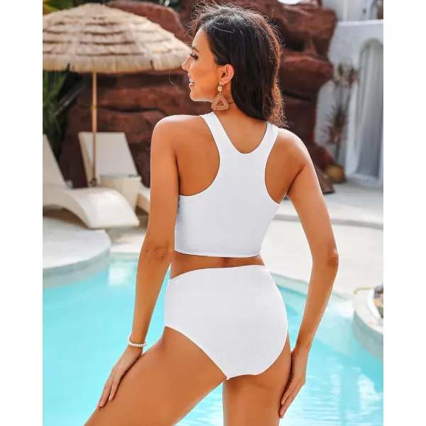 GRAPENT High Waisted Bikini Sets for Women Textured High Neck 2 Piece Swimsuits Racer Back Ribbed Bathing Suits SwimwearOffwhite