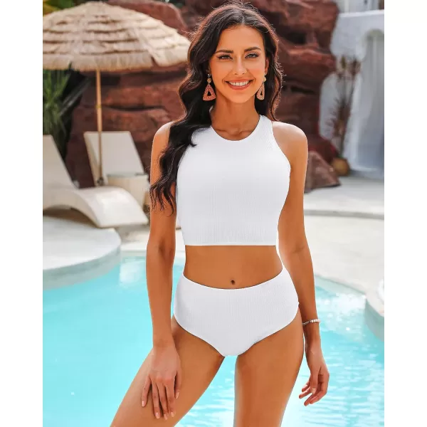 GRAPENT High Waisted Bikini Sets for Women Textured High Neck 2 Piece Swimsuits Racer Back Ribbed Bathing Suits SwimwearOffwhite