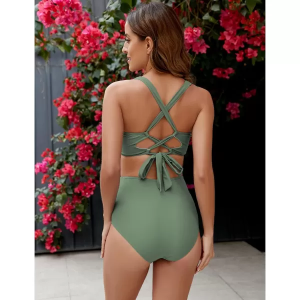 GRAPENT High Waisted Bikini Sets for Women Twist Front Tie Back 2 Piece Bathing Suit V Neck Ruched Swimsuits BikinisArmy Green