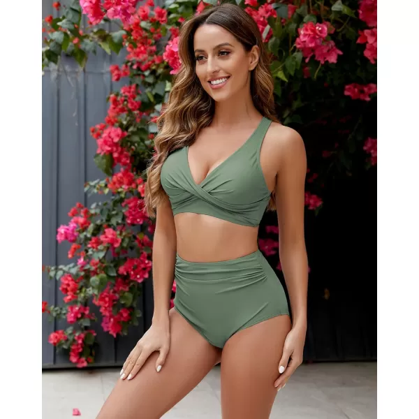 GRAPENT High Waisted Bikini Sets for Women Twist Front Tie Back 2 Piece Bathing Suit V Neck Ruched Swimsuits BikinisArmy Green