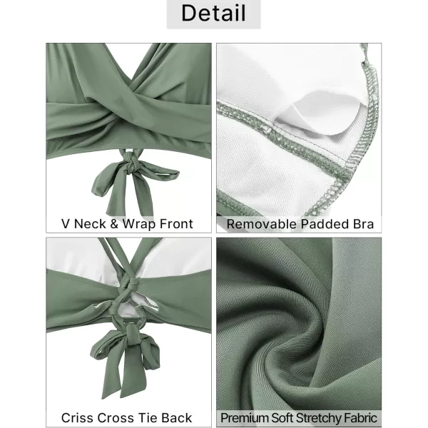 GRAPENT High Waisted Bikini Sets for Women Twist Front Tie Back 2 Piece Bathing Suit V Neck Ruched Swimsuits BikinisArmy Green