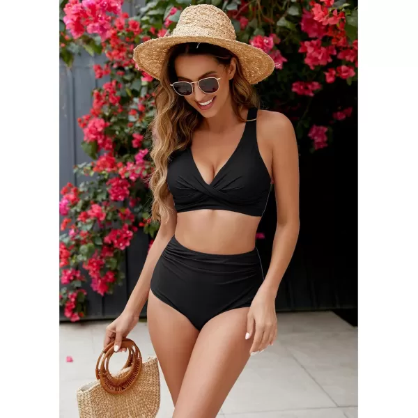 GRAPENT High Waisted Bikini Sets for Women Twist Front Tie Back 2 Piece Bathing Suit V Neck Ruched Swimsuits BikinisBlack