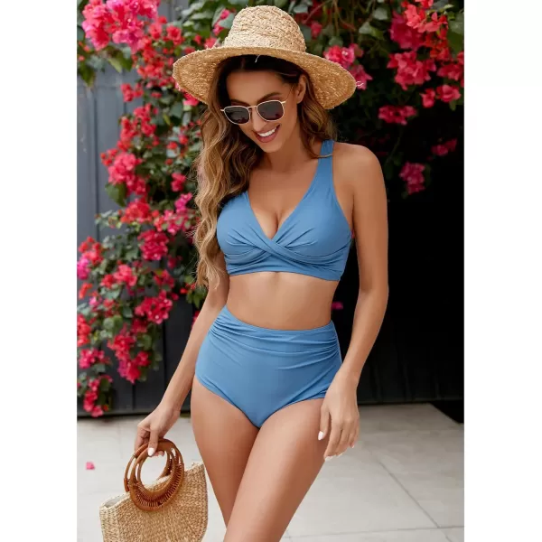 GRAPENT High Waisted Bikini Sets for Women Twist Front Tie Back 2 Piece Bathing Suit V Neck Ruched Swimsuits BikinisGray Blue