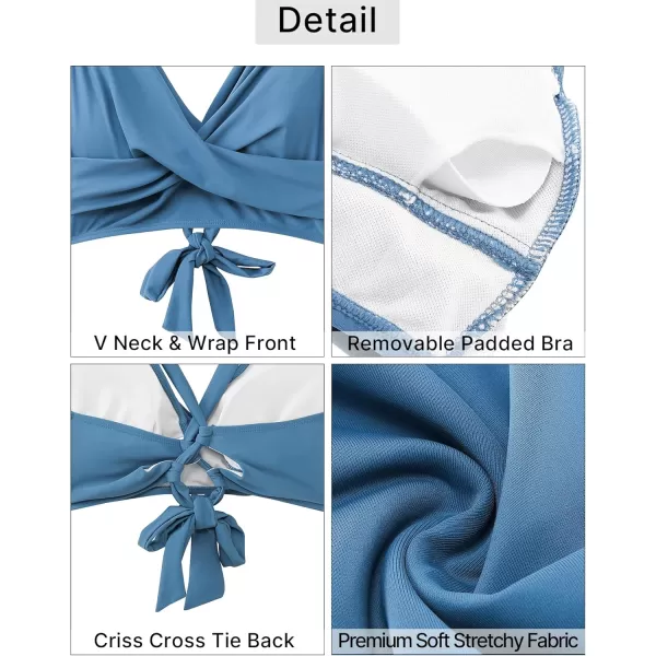 GRAPENT High Waisted Bikini Sets for Women Twist Front Tie Back 2 Piece Bathing Suit V Neck Ruched Swimsuits BikinisGray Blue