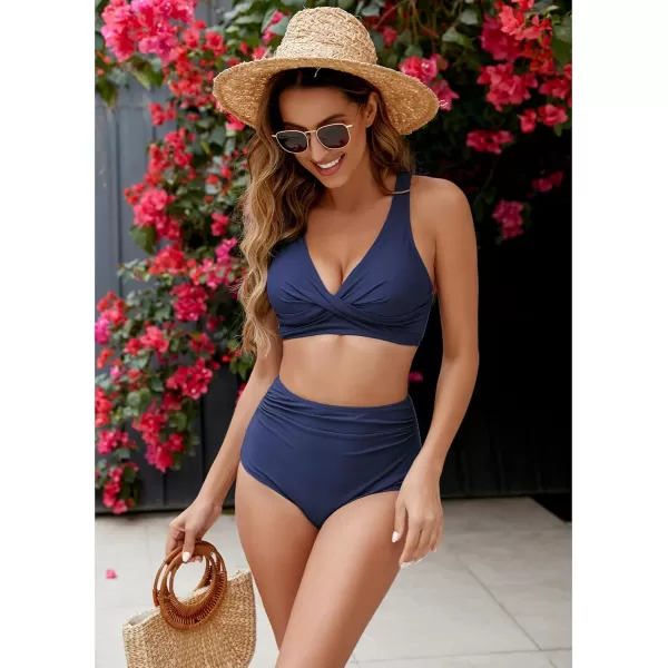 GRAPENT High Waisted Bikini Sets for Women Twist Front Tie Back 2 Piece Bathing Suit V Neck Ruched Swimsuits BikinisNavy Blue