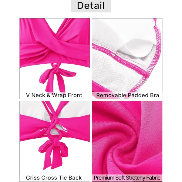 GRAPENT High Waisted Bikini Sets for Women Twist Front Tie Back 2 Piece Bathing Suit V Neck Ruched Swimsuits BikinisNeon Pink