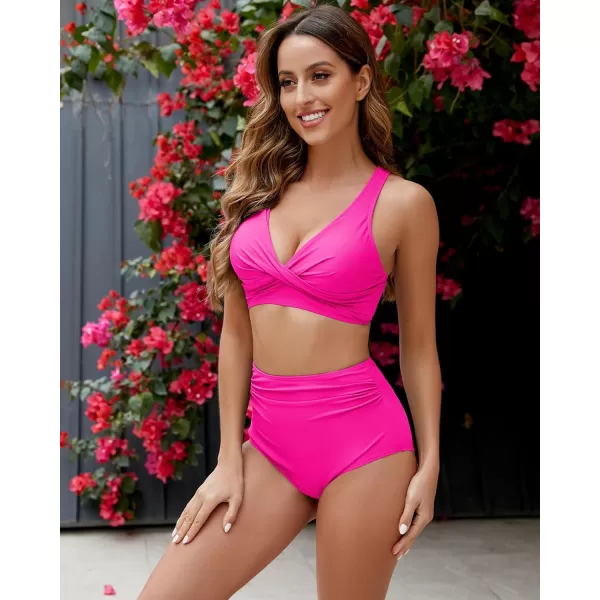 GRAPENT High Waisted Bikini Sets for Women Twist Front Tie Back 2 Piece Bathing Suit V Neck Ruched Swimsuits BikinisNeon Pink