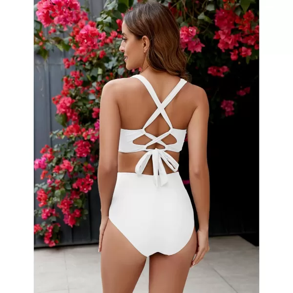GRAPENT High Waisted Bikini Sets for Women Twist Front Tie Back 2 Piece Bathing Suit V Neck Ruched Swimsuits BikinisWhite