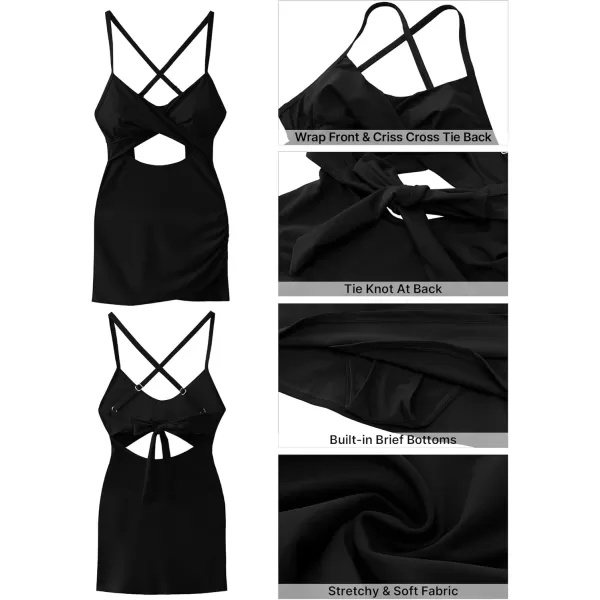 GRAPENT One Piece Bathing Suit for Women with Skirt Cutout Swimsuits Criss Cross Swim Dress Colorblock Tie Back SwimwearBlack