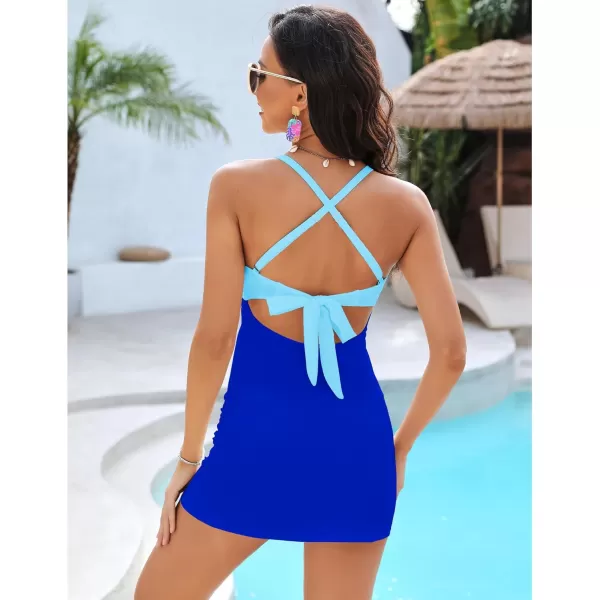 GRAPENT One Piece Bathing Suit for Women with Skirt Cutout Swimsuits Criss Cross Swim Dress Colorblock Tie Back SwimwearBlue Block