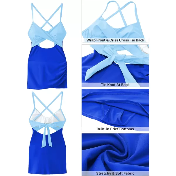 GRAPENT One Piece Bathing Suit for Women with Skirt Cutout Swimsuits Criss Cross Swim Dress Colorblock Tie Back SwimwearBlue Block