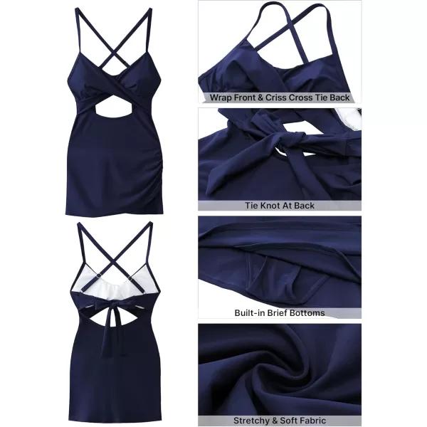 GRAPENT One Piece Bathing Suit for Women with Skirt Cutout Swimsuits Criss Cross Swim Dress Colorblock Tie Back SwimwearNavy Blue