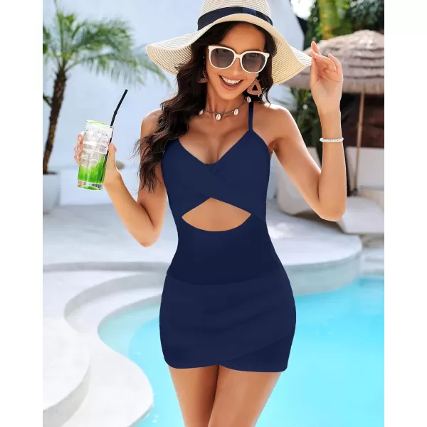GRAPENT One Piece Bathing Suit for Women with Skirt Cutout Swimsuits Criss Cross Swim Dress Colorblock Tie Back SwimwearNavy Blue