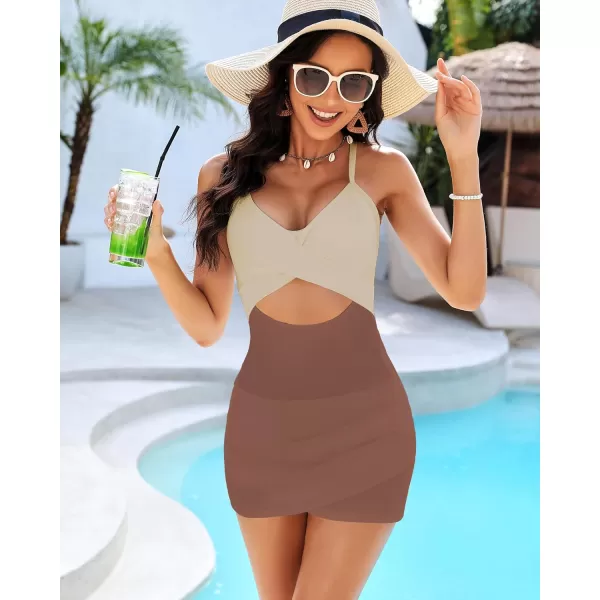 GRAPENT One Piece Bathing Suit for Women with Skirt Cutout Swimsuits Criss Cross Swim Dress Colorblock Tie Back SwimwearNeutral Block