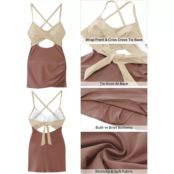 GRAPENT One Piece Bathing Suit for Women with Skirt Cutout Swimsuits Criss Cross Swim Dress Colorblock Tie Back SwimwearNeutral Block