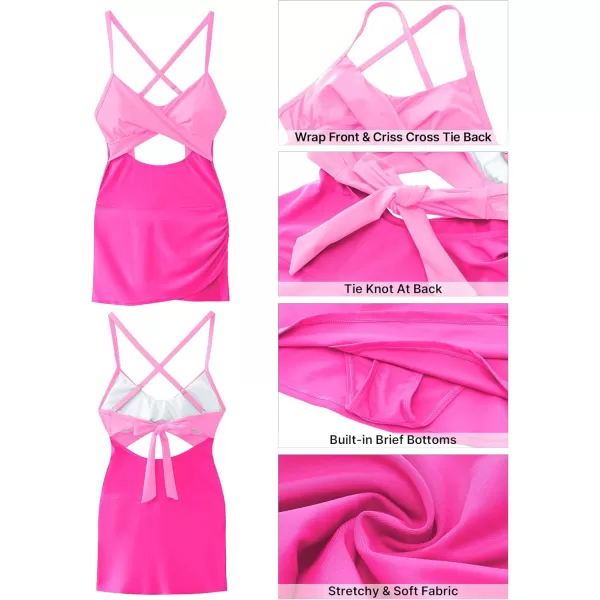 GRAPENT One Piece Bathing Suit for Women with Skirt Cutout Swimsuits Criss Cross Swim Dress Colorblock Tie Back SwimwearPink Block