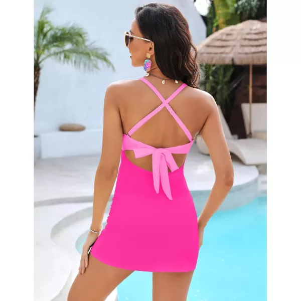 GRAPENT One Piece Bathing Suit for Women with Skirt Cutout Swimsuits Criss Cross Swim Dress Colorblock Tie Back SwimwearPink Block