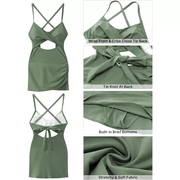 GRAPENT One Piece Bathing Suit for Women with Skirt Cutout Swimsuits Criss Cross Swim Dress Colorblock Tie Back SwimwearShale Green