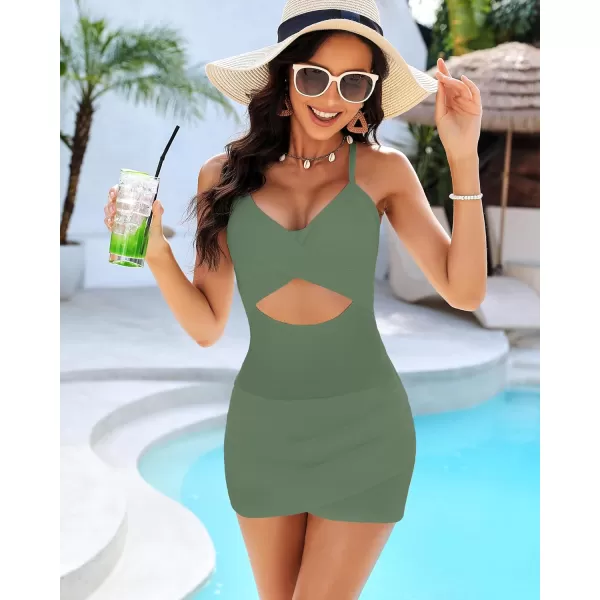 GRAPENT One Piece Bathing Suit for Women with Skirt Cutout Swimsuits Criss Cross Swim Dress Colorblock Tie Back SwimwearShale Green