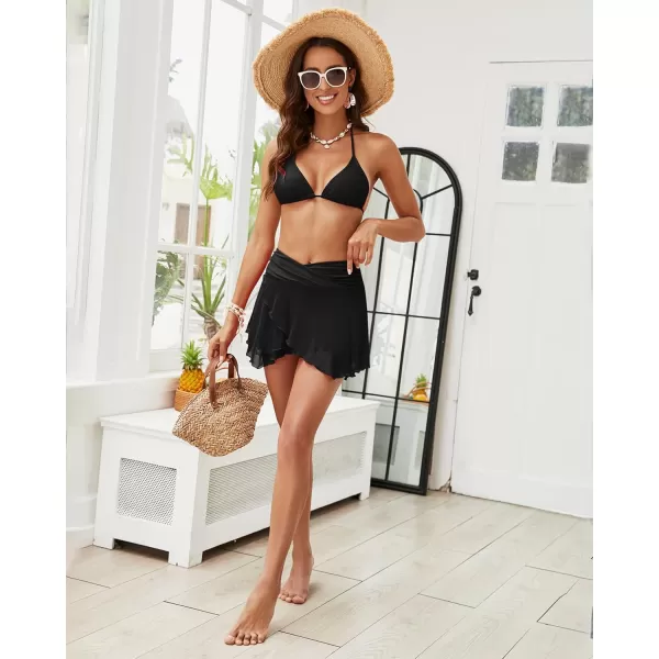 GRAPENT Swim Skirt Bottoms for Women Criss Cross High Waisted Bikini Bottom Layered Mesh Flowy Shorts Bathing Suit SkortBlack