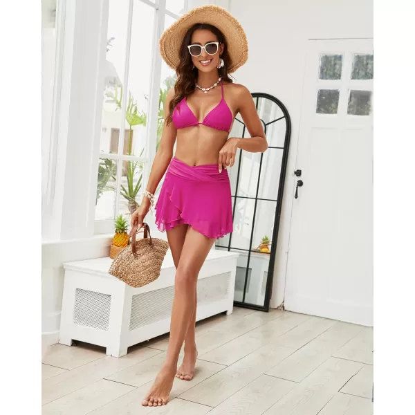 GRAPENT Swim Skirt Bottoms for Women Criss Cross High Waisted Bikini Bottom Layered Mesh Flowy Shorts Bathing Suit SkortMagenta