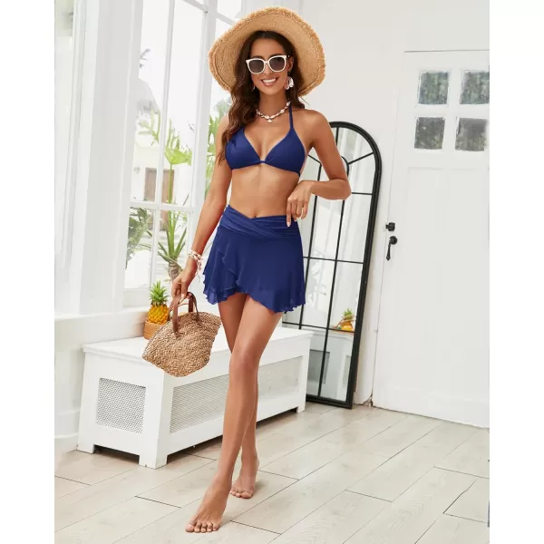 GRAPENT Swim Skirt Bottoms for Women Criss Cross High Waisted Bikini Bottom Layered Mesh Flowy Shorts Bathing Suit SkortNavy Blue