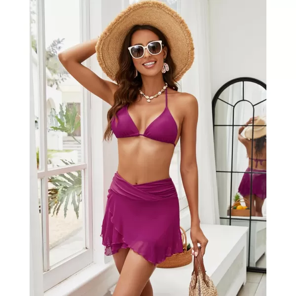 GRAPENT Swim Skirt Bottoms for Women Criss Cross High Waisted Bikini Bottom Layered Mesh Flowy Shorts Bathing Suit SkortRaspberry