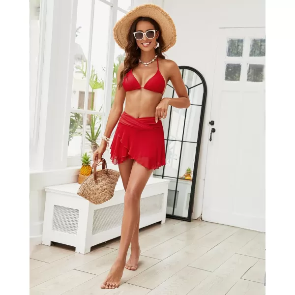 GRAPENT Swim Skirt Bottoms for Women Criss Cross High Waisted Bikini Bottom Layered Mesh Flowy Shorts Bathing Suit SkortTrue Red